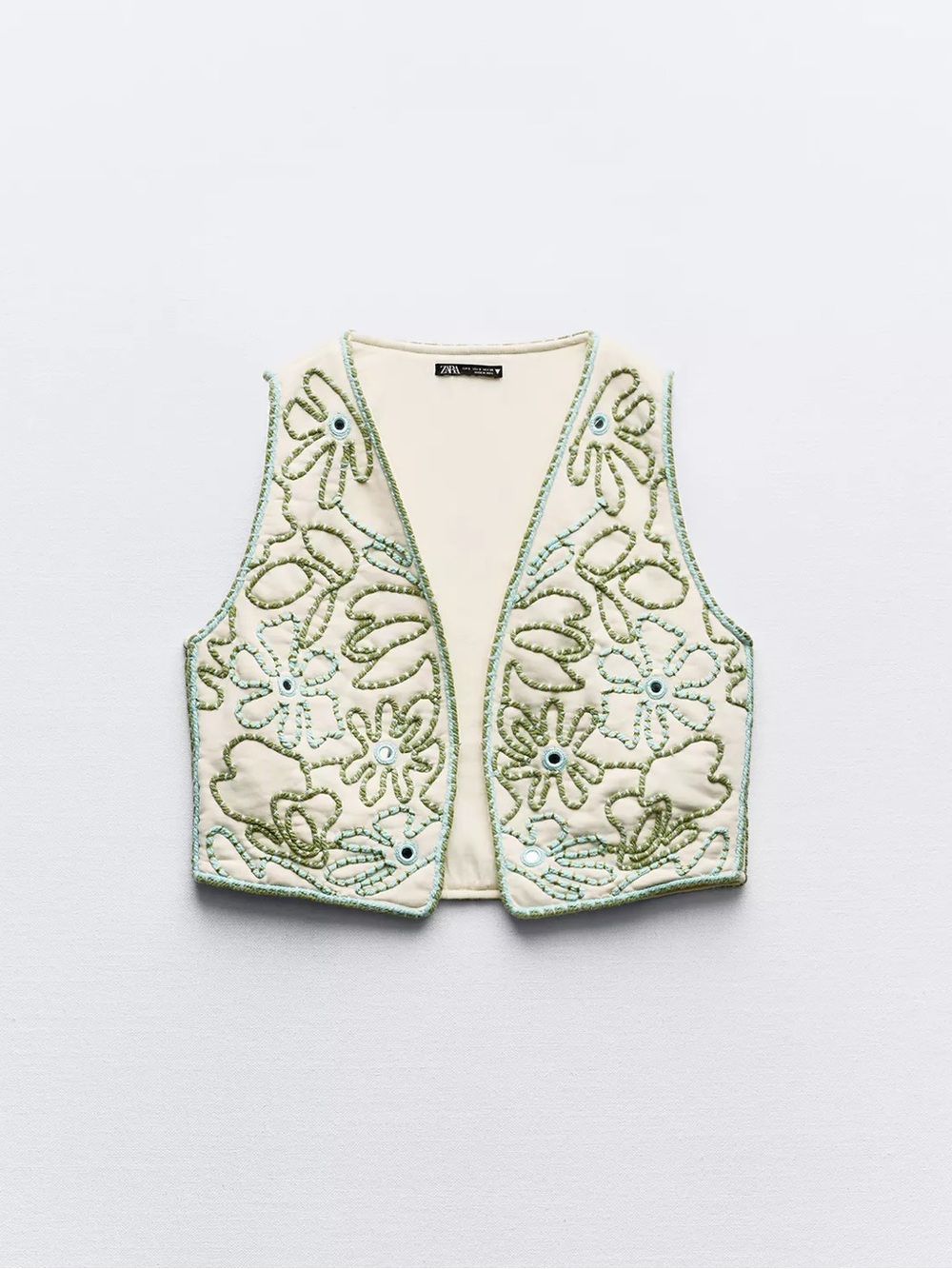 Zara Embroidered Ivory Beaded Vest with Green & Light Blue Floral Motif